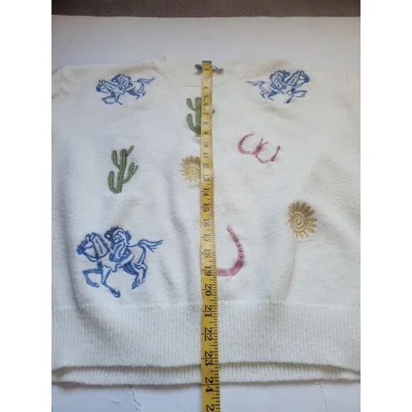 Blue B Women's Embroidered Conversation Print Sweaterwhite knit western-themed - Picture 11 of 12